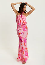 Liquorish Halter Maxi Floral Print Dress In Pink