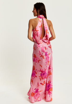 Liquorish Halter Maxi Floral Print Dress In Pink