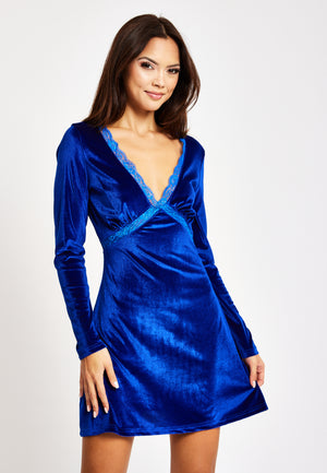 Liquorish Royal Blue Velvet Mini Dress With Lace Details