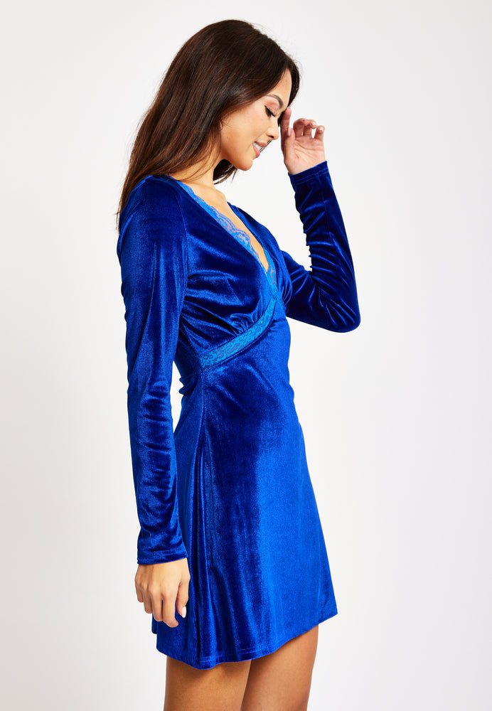 Liquorish Royal Blue Velvet Mini Dress With Lace Details