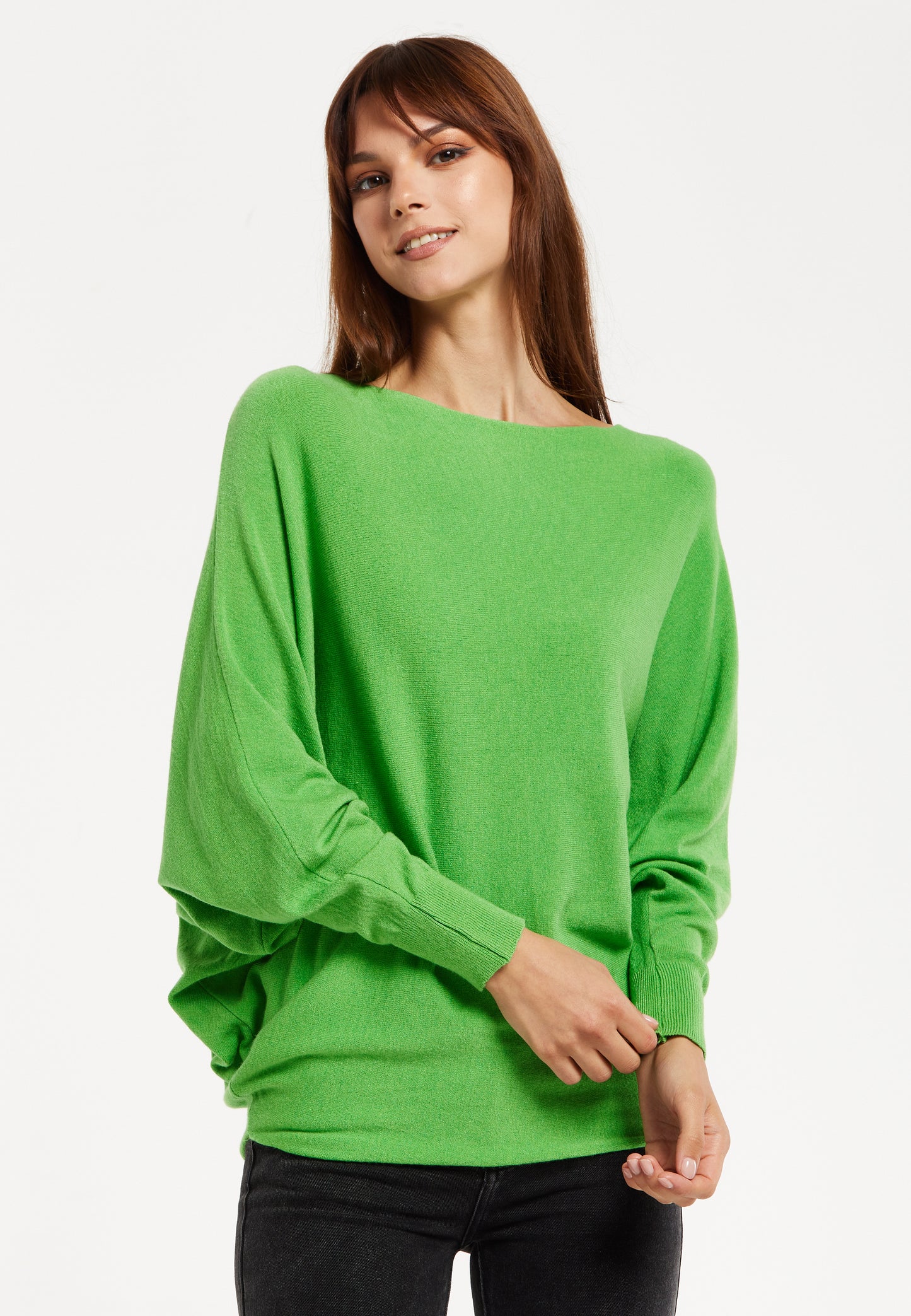 
                  
                    Women's Jumper in Green with Batwing Sleeves and Back Pearl-Button Detail by Liquorish
                  
                