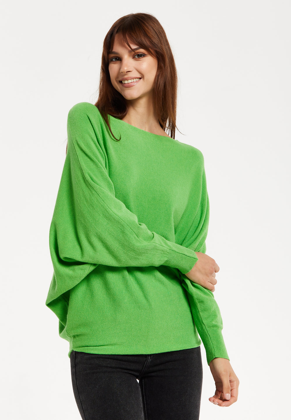 Women's Jumper in Green with Batwing Sleeves and Back Pearl-Button Detail by Liquorish