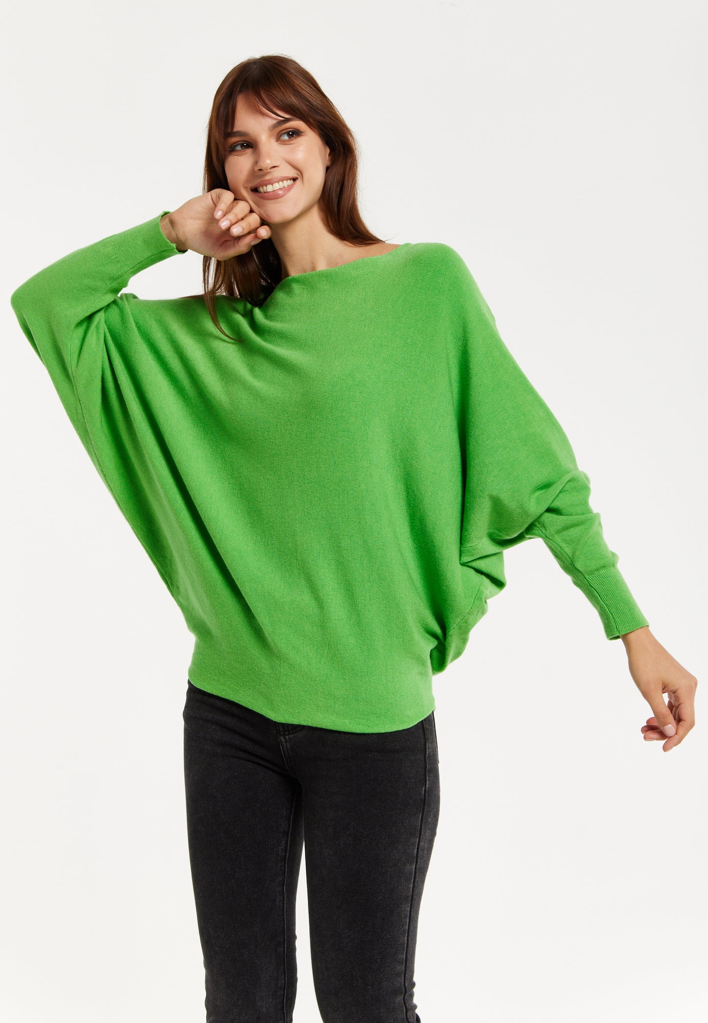 
                  
                    Women's Jumper in Green with Batwing Sleeves and Back Pearl-Button Detail by Liquorish
                  
                