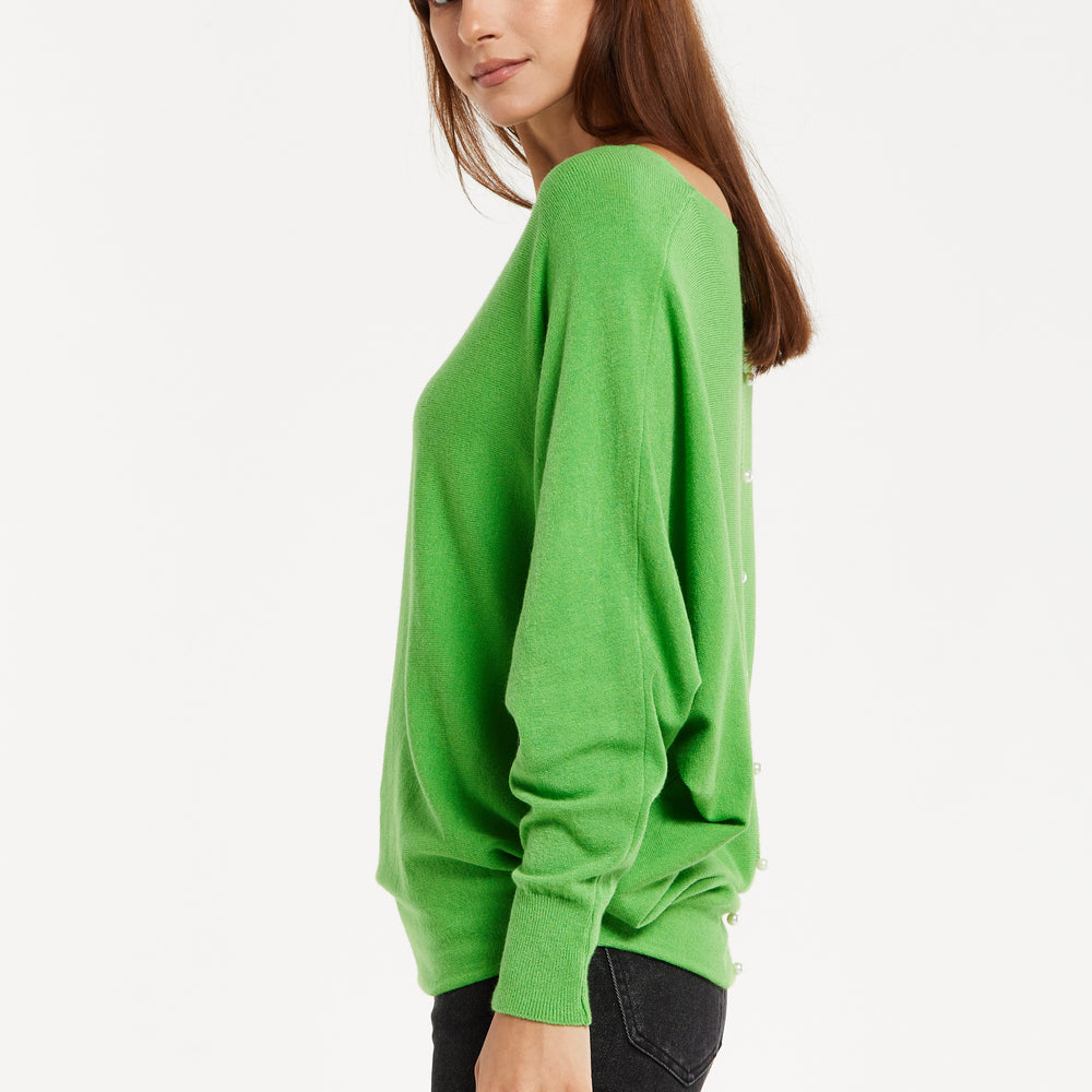 
                  
                    Women's Jumper in Green with Batwing Sleeves and Back Pearl-Button Detail by Liquorish
                  
                