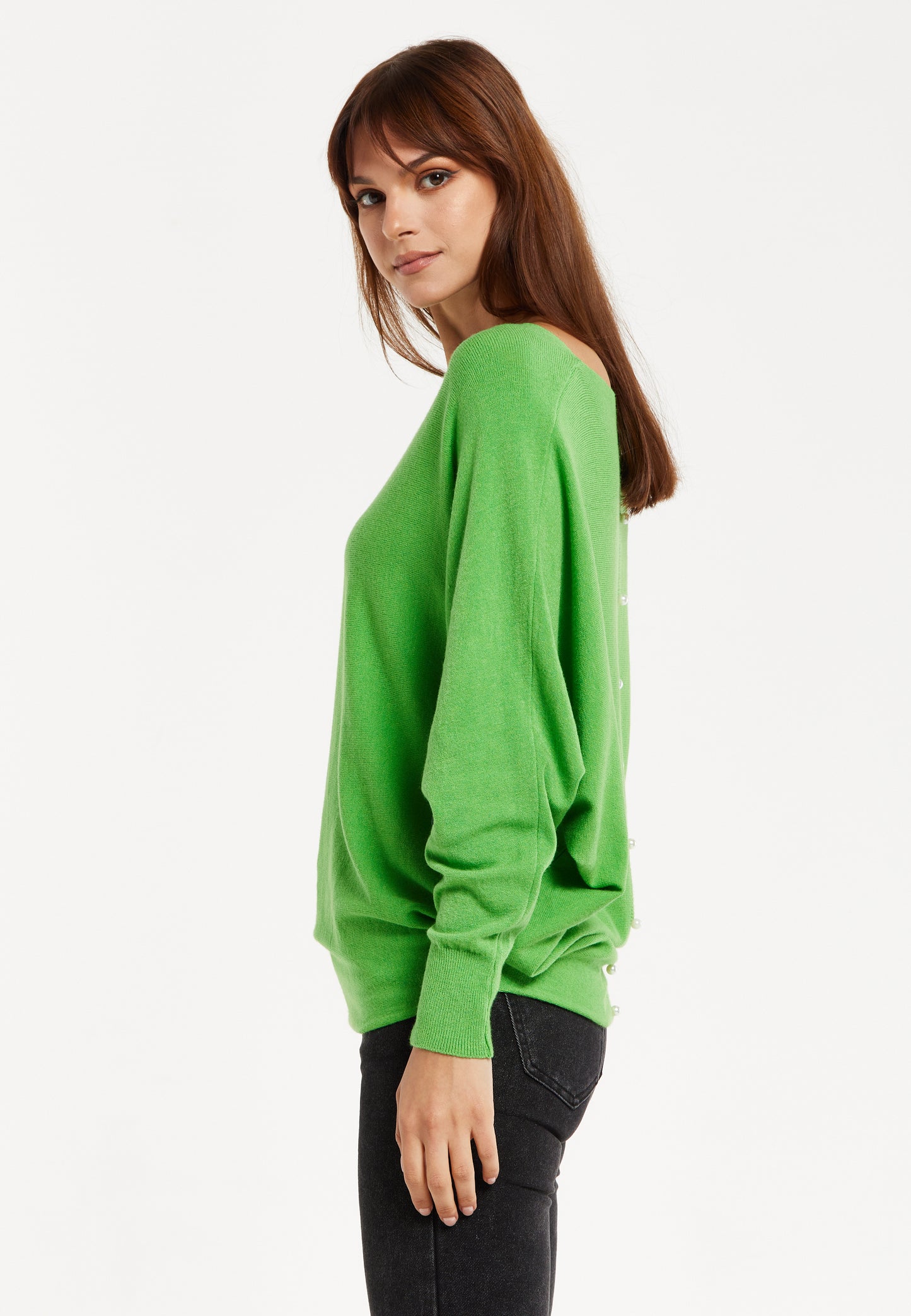 
                  
                    Women's Jumper in Green with Batwing Sleeves and Back Pearl-Button Detail by Liquorish
                  
                