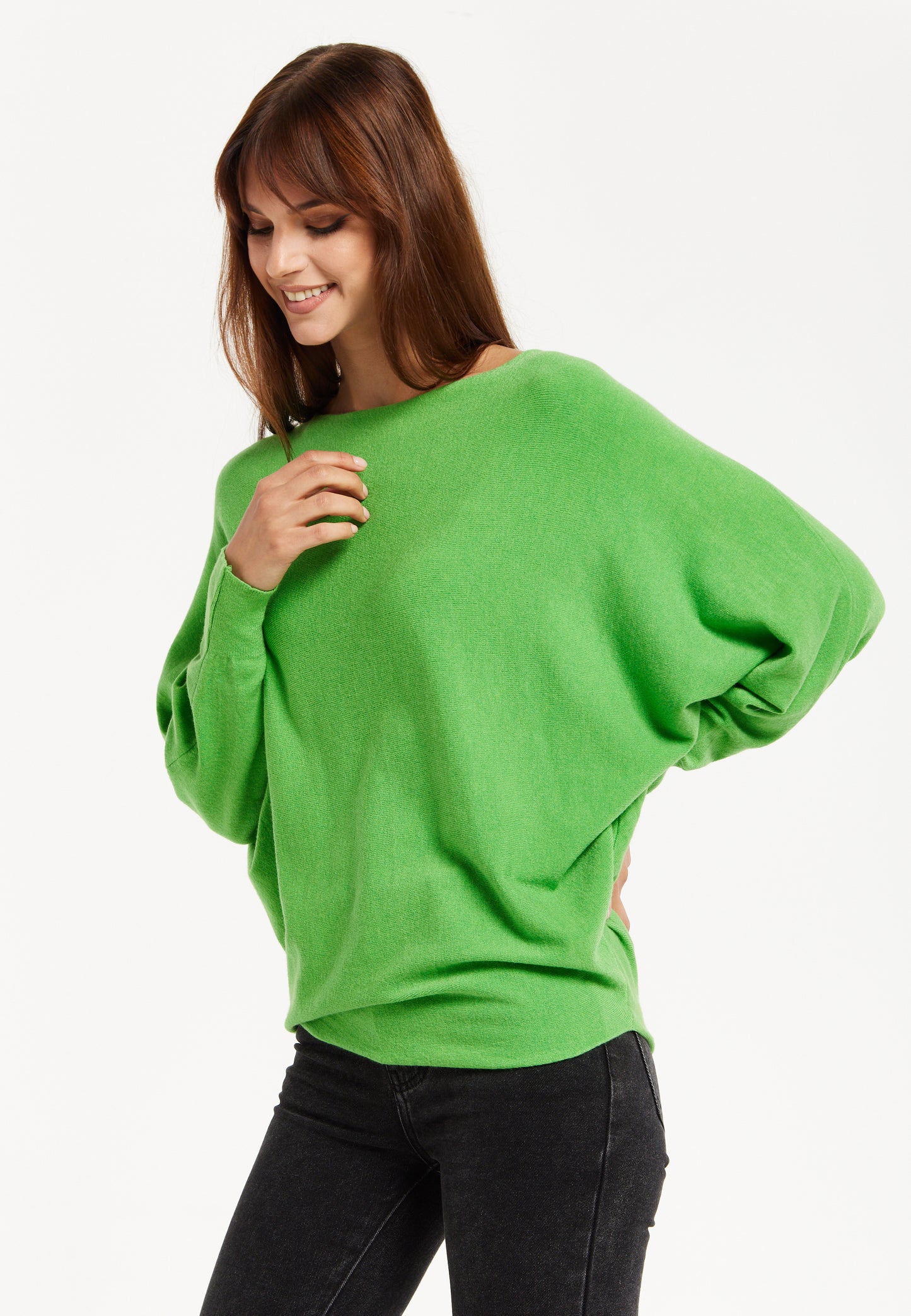 
                  
                    Women's Jumper in Green with Batwing Sleeves and Back Pearl-Button Detail by Liquorish
                  
                