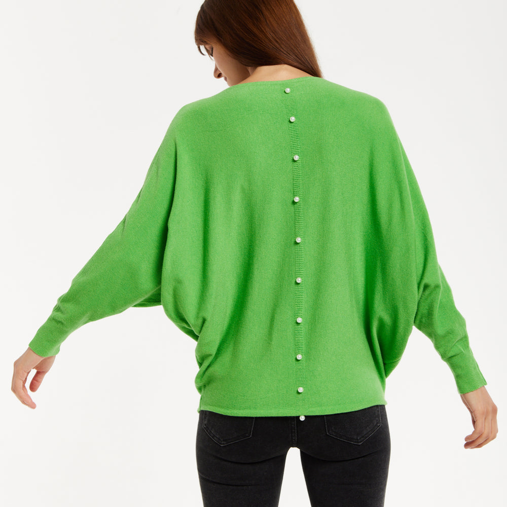 
                  
                    Women's Jumper in Green with Batwing Sleeves and Back Pearl-Button Detail by Liquorish
                  
                