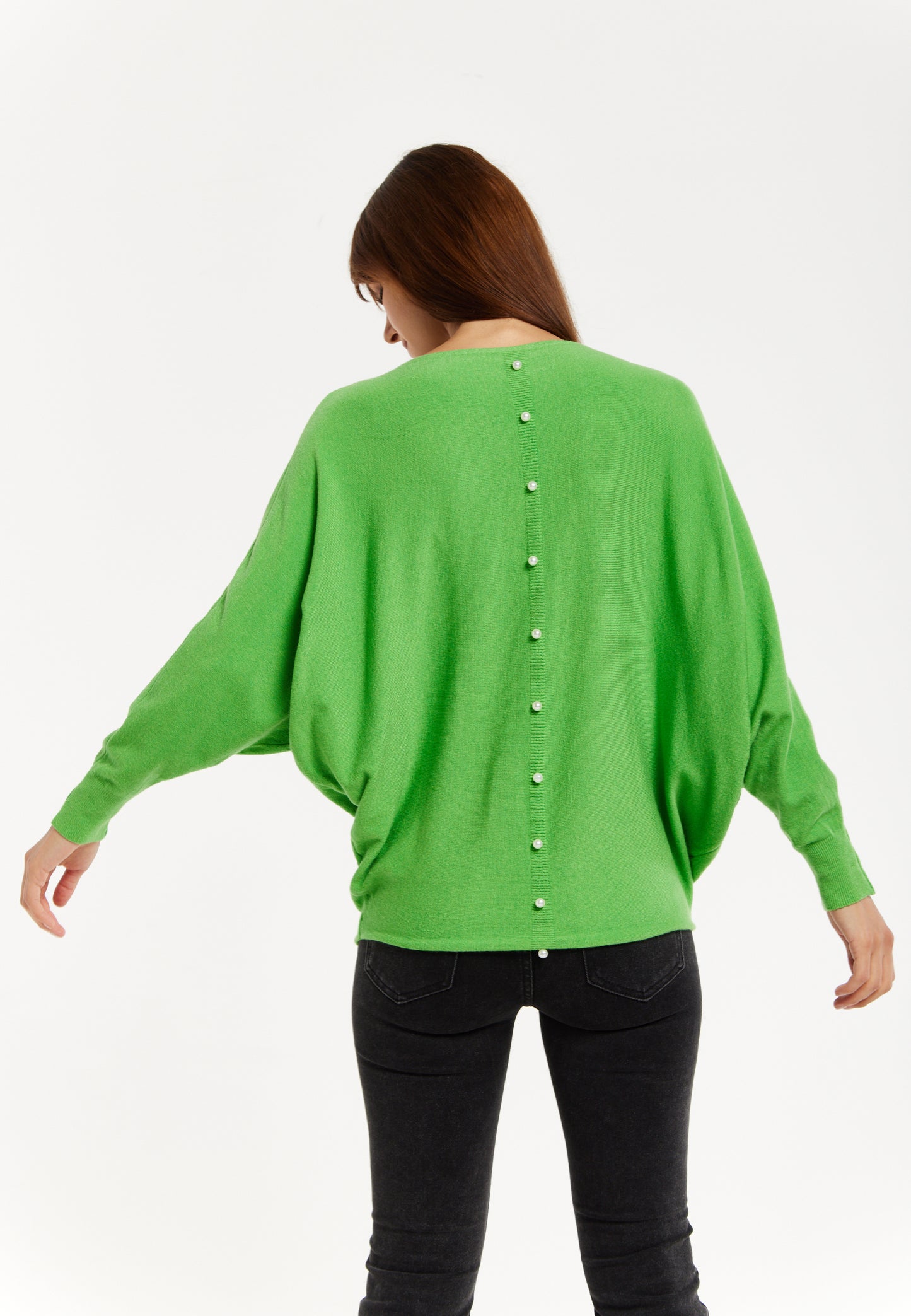 
                  
                    Women's Jumper in Green with Batwing Sleeves and Back Pearl-Button Detail by Liquorish
                  
                