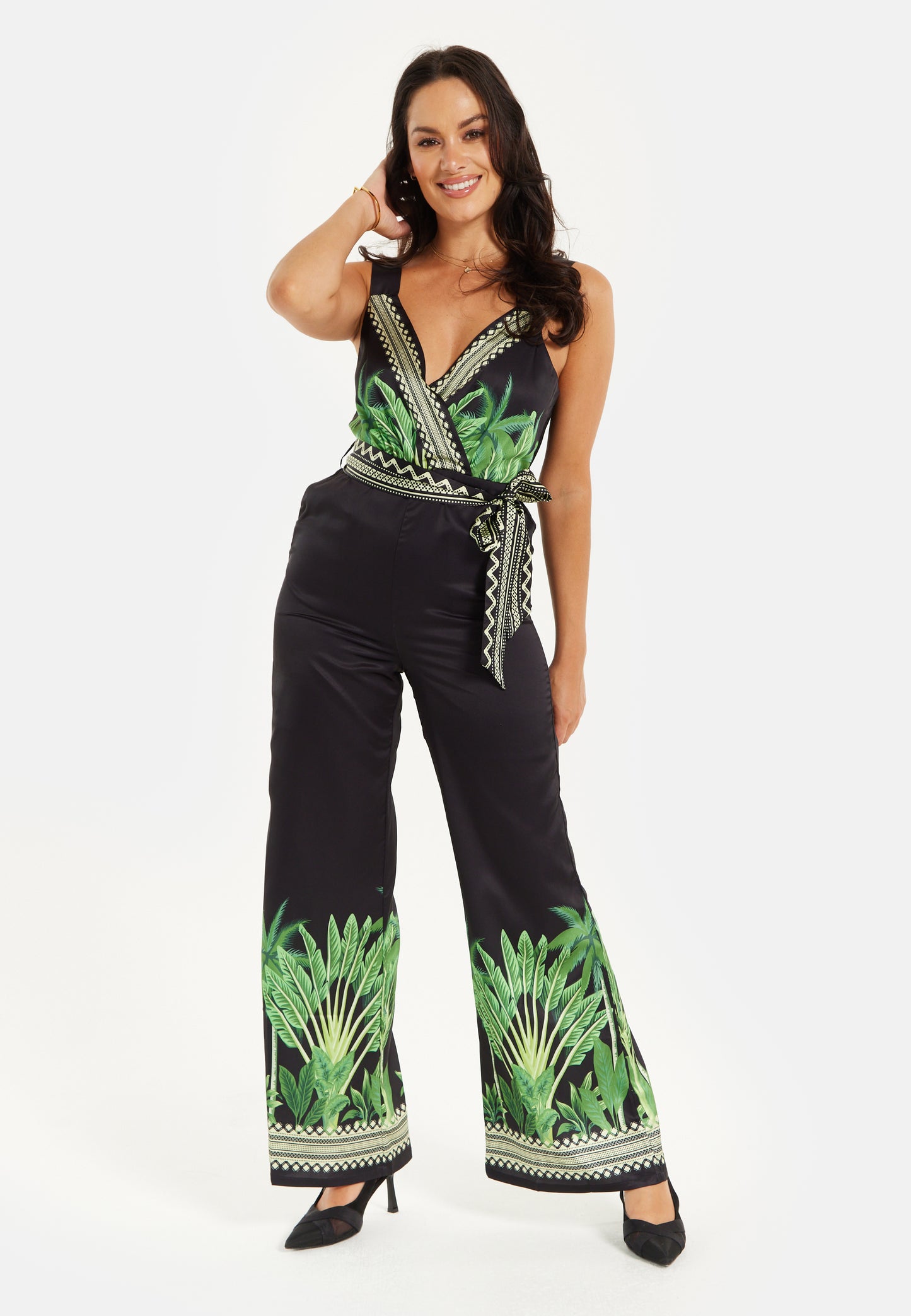 
                  
                    Liquorish Leaf Printed V-neck Jumpsuit With Tie Detail
                  
                