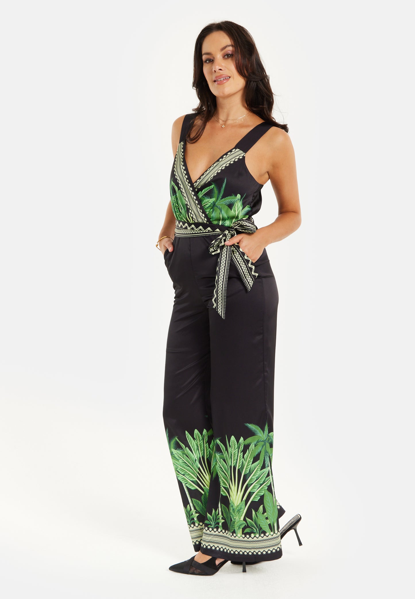 
                  
                    Liquorish Leaf Printed V-neck Jumpsuit With Tie Detail
                  
                