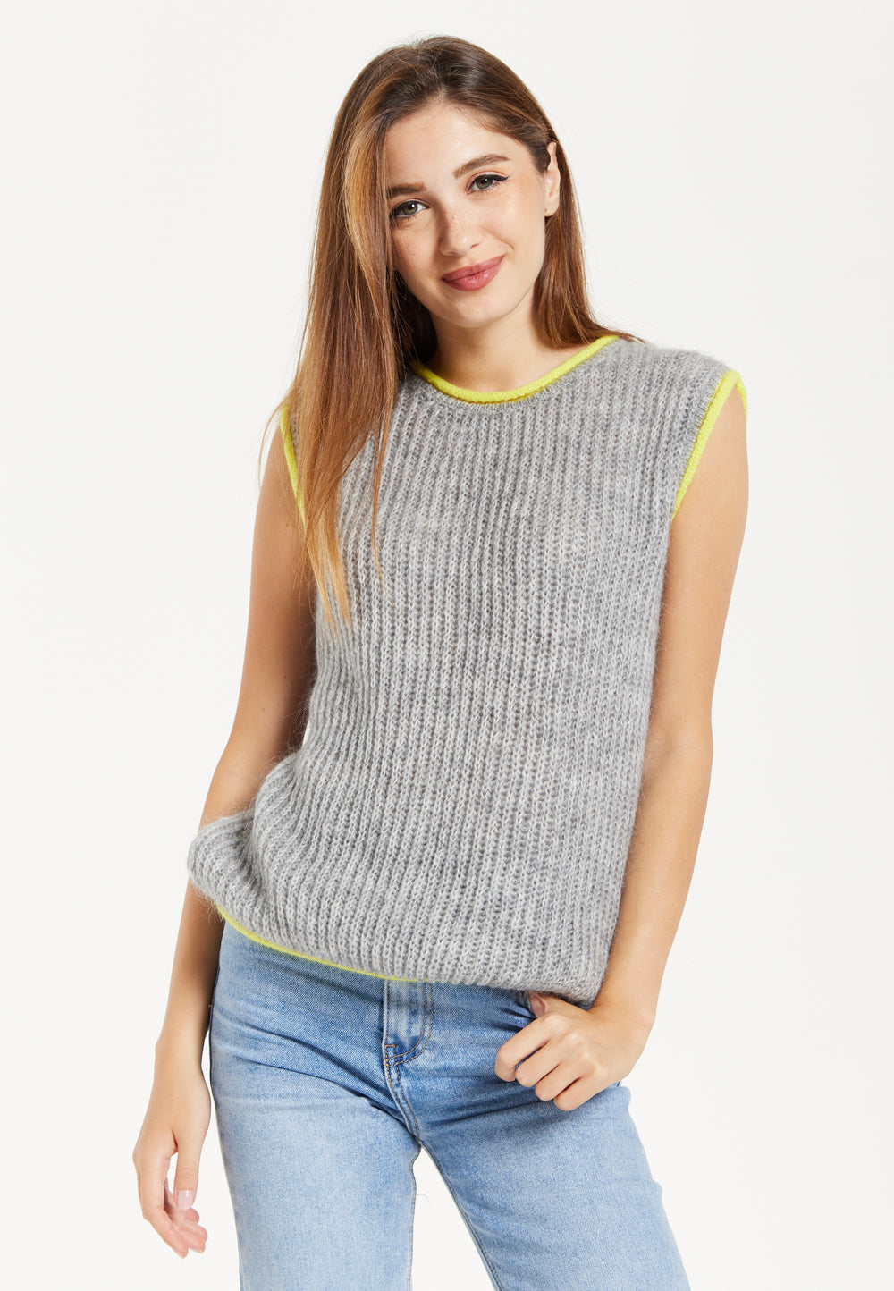 Liquorish Super Soft Sleeveless Ribbed Knit Sweater Vest - Grey