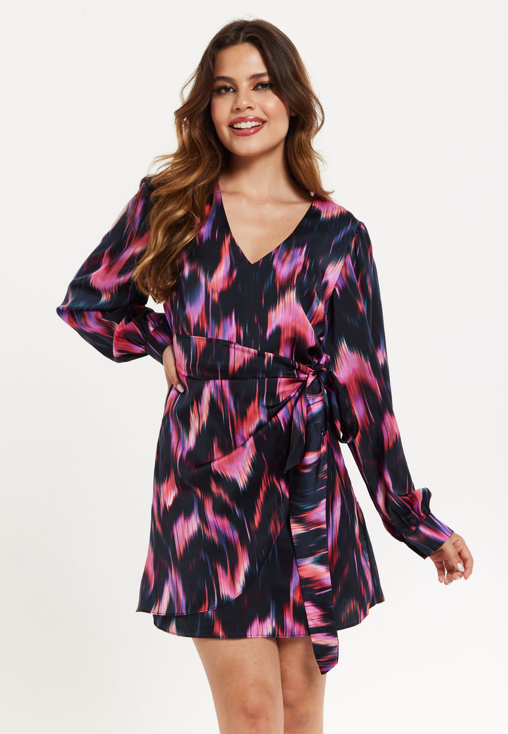 Women's Mini Dress with Long Balloon Sleeves in Black and Pink Abstract Print, Featuring Wrap Design and Side Leg Slit, Liquorish