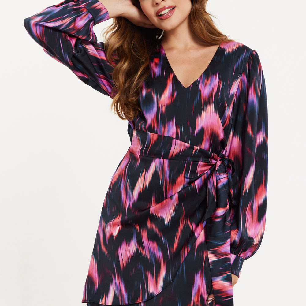 
                  
                    Women's Mini Dress with Long Balloon Sleeves in Black and Pink Abstract Print, Featuring Wrap Design and Side Leg Slit, Liquorish
                  
                