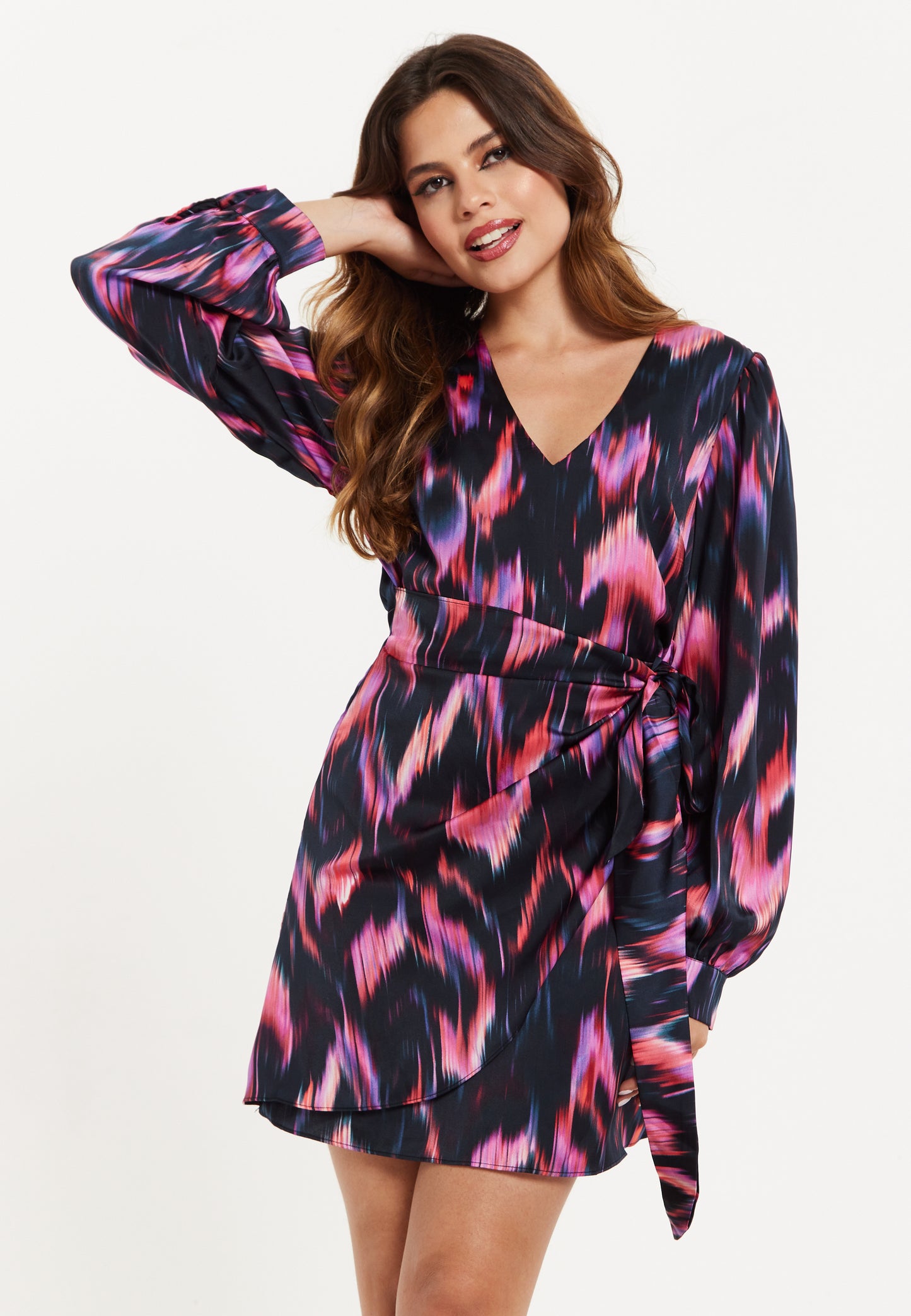 
                  
                    Women's Mini Dress with Long Balloon Sleeves in Black and Pink Abstract Print, Featuring Wrap Design and Side Leg Slit, Liquorish
                  
                