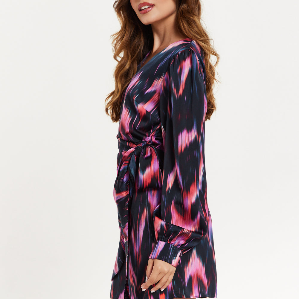 
                  
                    Women's Mini Dress with Long Balloon Sleeves in Black and Pink Abstract Print, Featuring Wrap Design and Side Leg Slit, Liquorish
                  
                