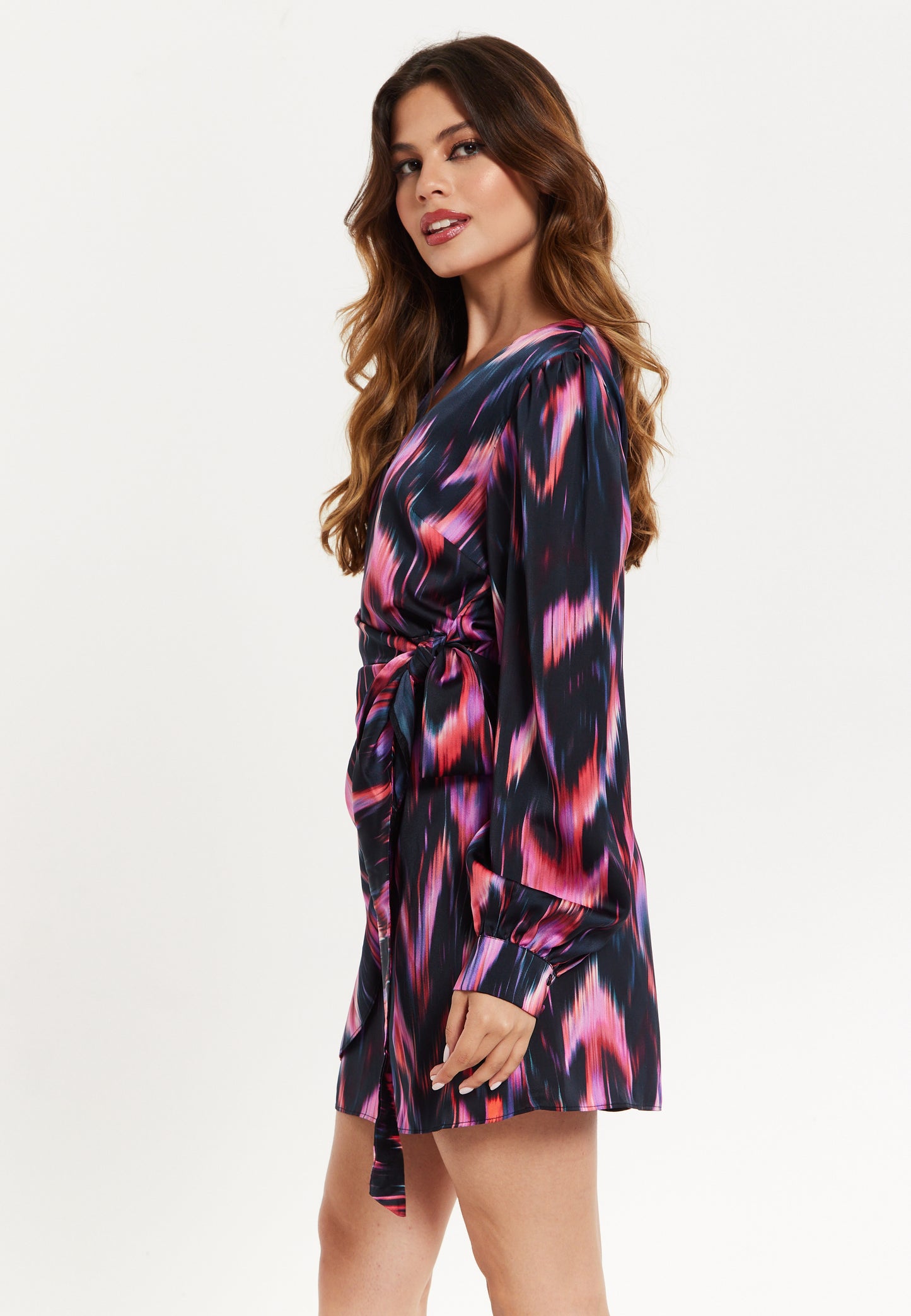 
                  
                    Women's Mini Dress with Long Balloon Sleeves in Black and Pink Abstract Print, Featuring Wrap Design and Side Leg Slit, Liquorish
                  
                