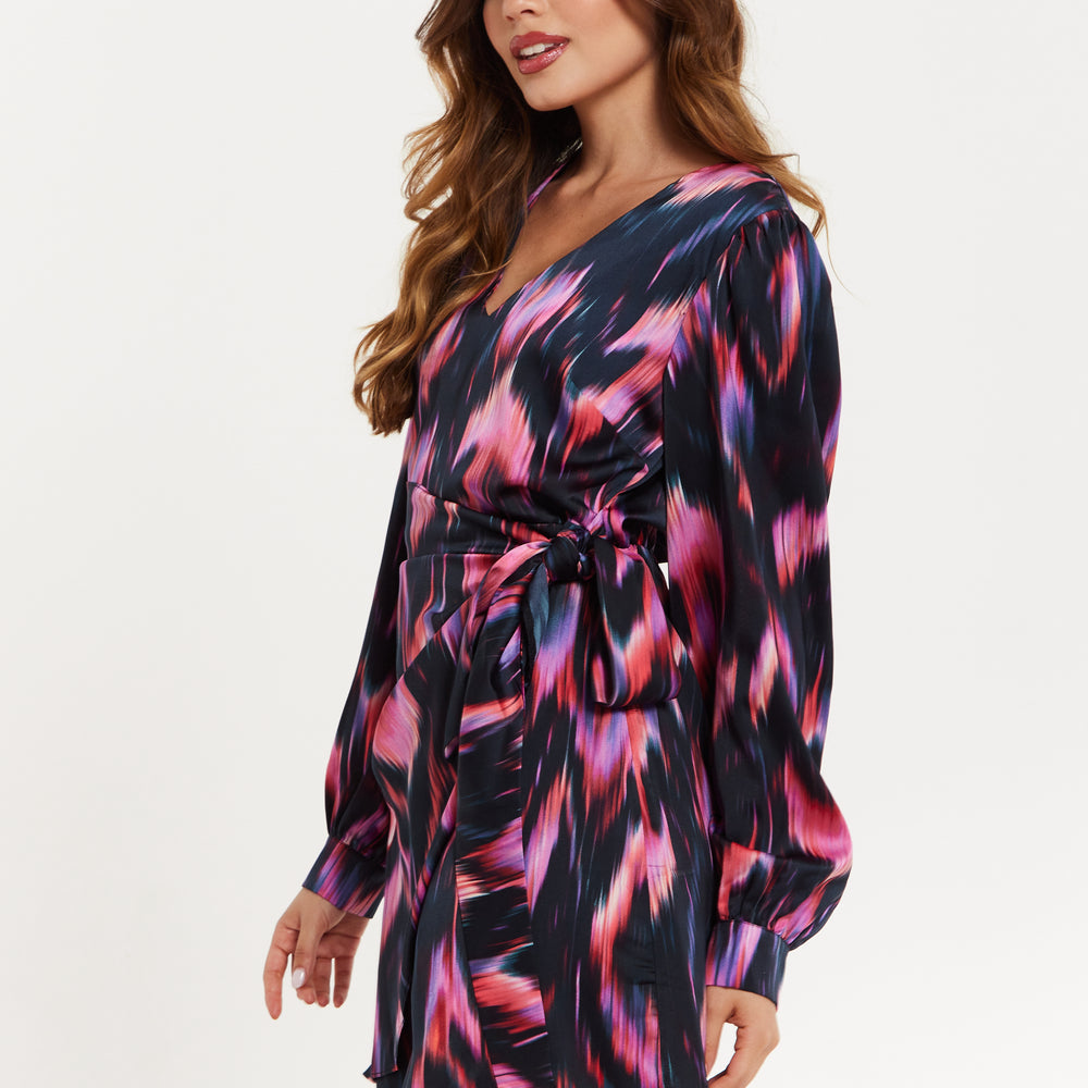 
                  
                    Women's Mini Dress with Long Balloon Sleeves in Black and Pink Abstract Print, Featuring Wrap Design and Side Leg Slit, Liquorish
                  
                