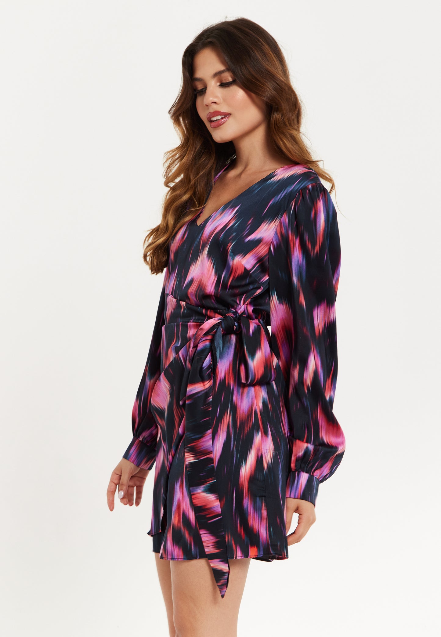 
                  
                    Women's Mini Dress with Long Balloon Sleeves in Black and Pink Abstract Print, Featuring Wrap Design and Side Leg Slit, Liquorish
                  
                