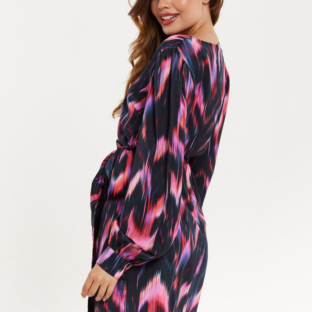 
                  
                    Women's Mini Dress with Long Balloon Sleeves in Black and Pink Abstract Print, Featuring Wrap Design and Side Leg Slit, Liquorish
                  
                