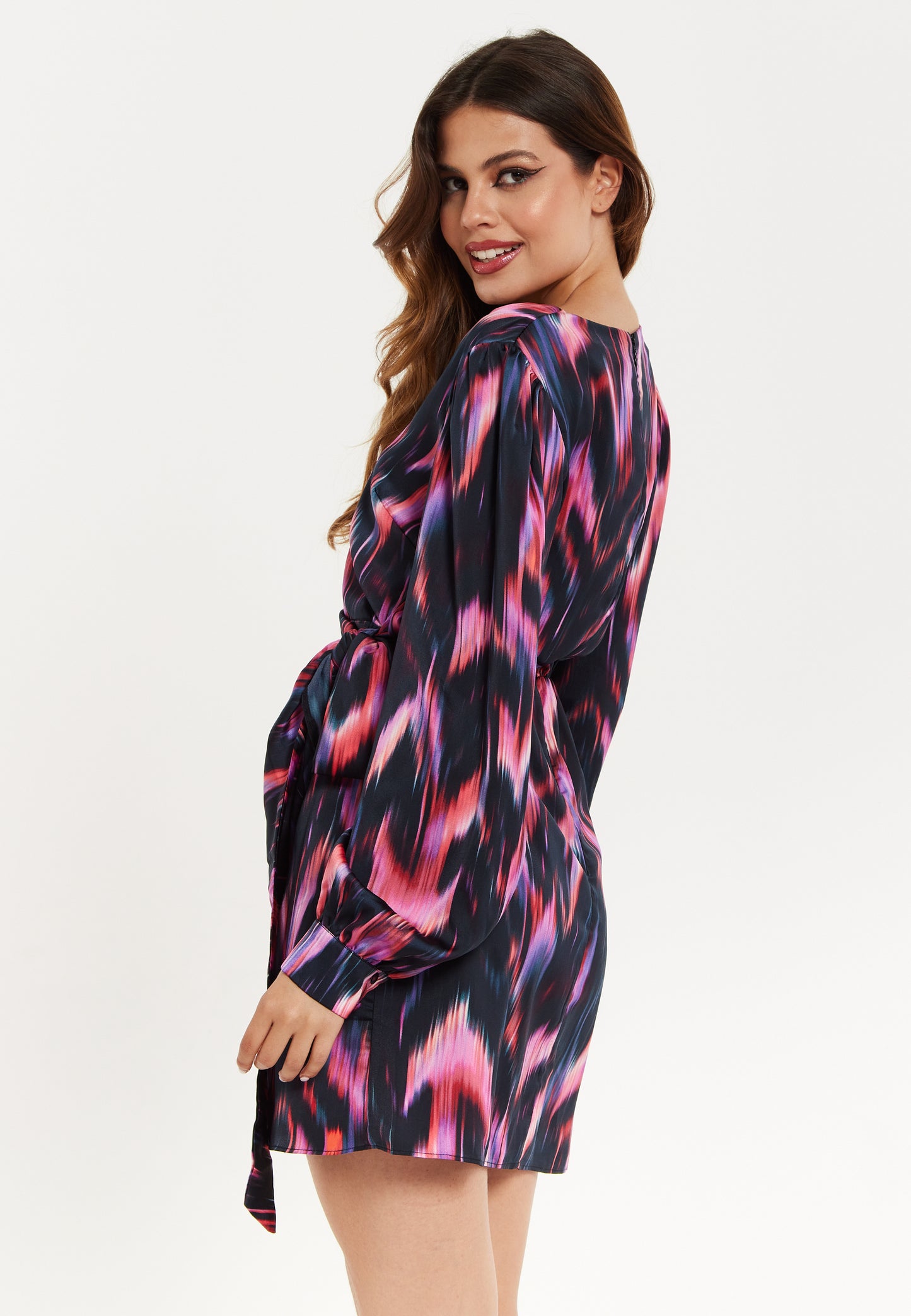 
                  
                    Women's Mini Dress with Long Balloon Sleeves in Black and Pink Abstract Print, Featuring Wrap Design and Side Leg Slit, Liquorish
                  
                