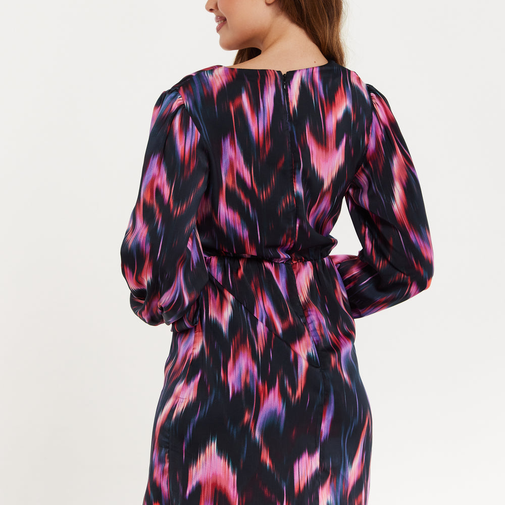 
                  
                    Women's Mini Dress with Long Balloon Sleeves in Black and Pink Abstract Print, Featuring Wrap Design and Side Leg Slit, Liquorish
                  
                