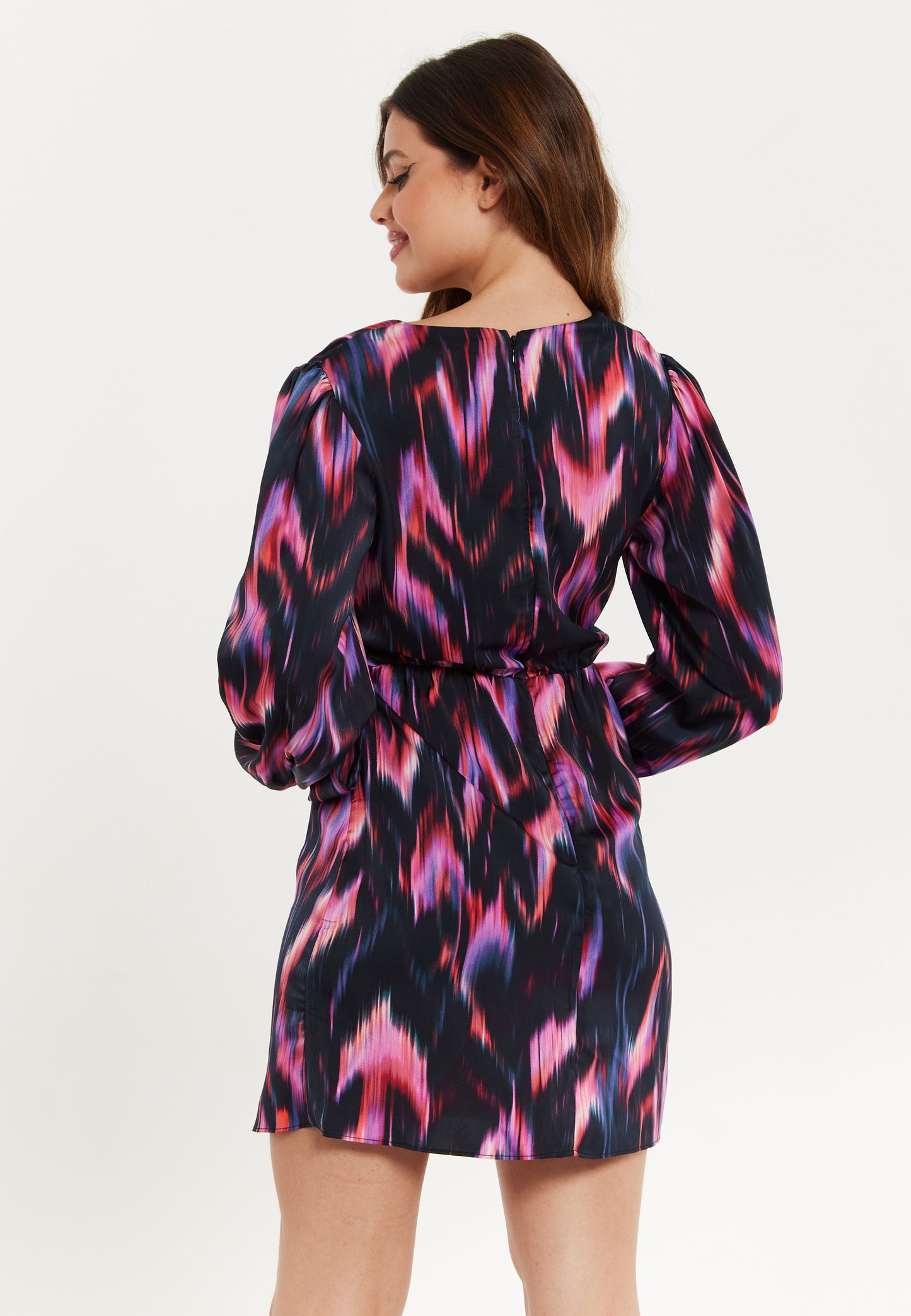 
                  
                    Women's Mini Dress with Long Balloon Sleeves in Black and Pink Abstract Print, Featuring Wrap Design and Side Leg Slit, Liquorish
                  
                