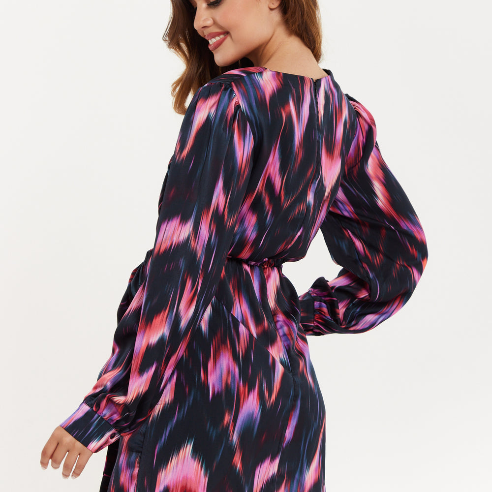 
                  
                    Women's Mini Dress with Long Balloon Sleeves in Black and Pink Abstract Print, Featuring Wrap Design and Side Leg Slit, Liquorish
                  
                