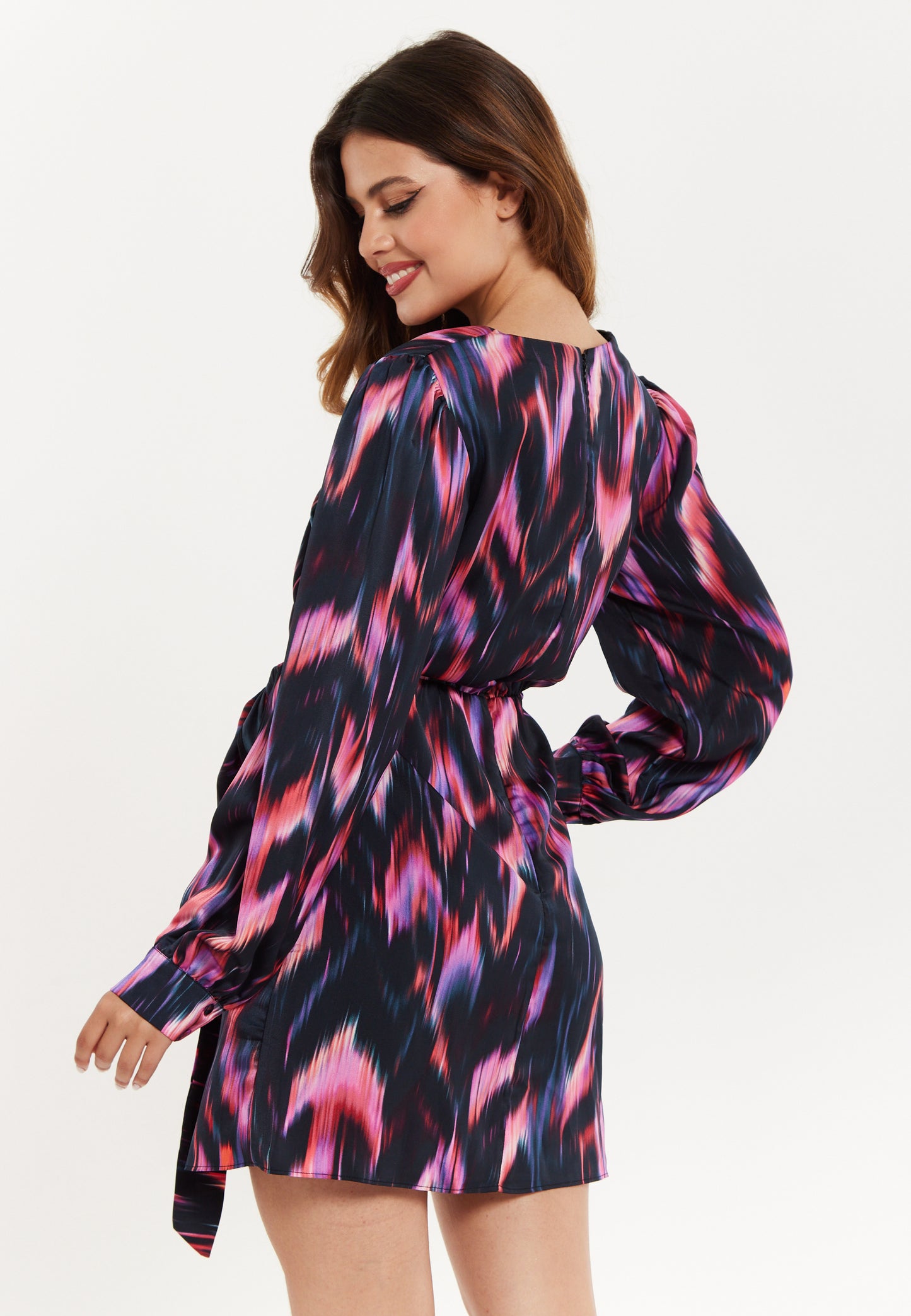 
                  
                    Women's Mini Dress with Long Balloon Sleeves in Black and Pink Abstract Print, Featuring Wrap Design and Side Leg Slit, Liquorish
                  
                