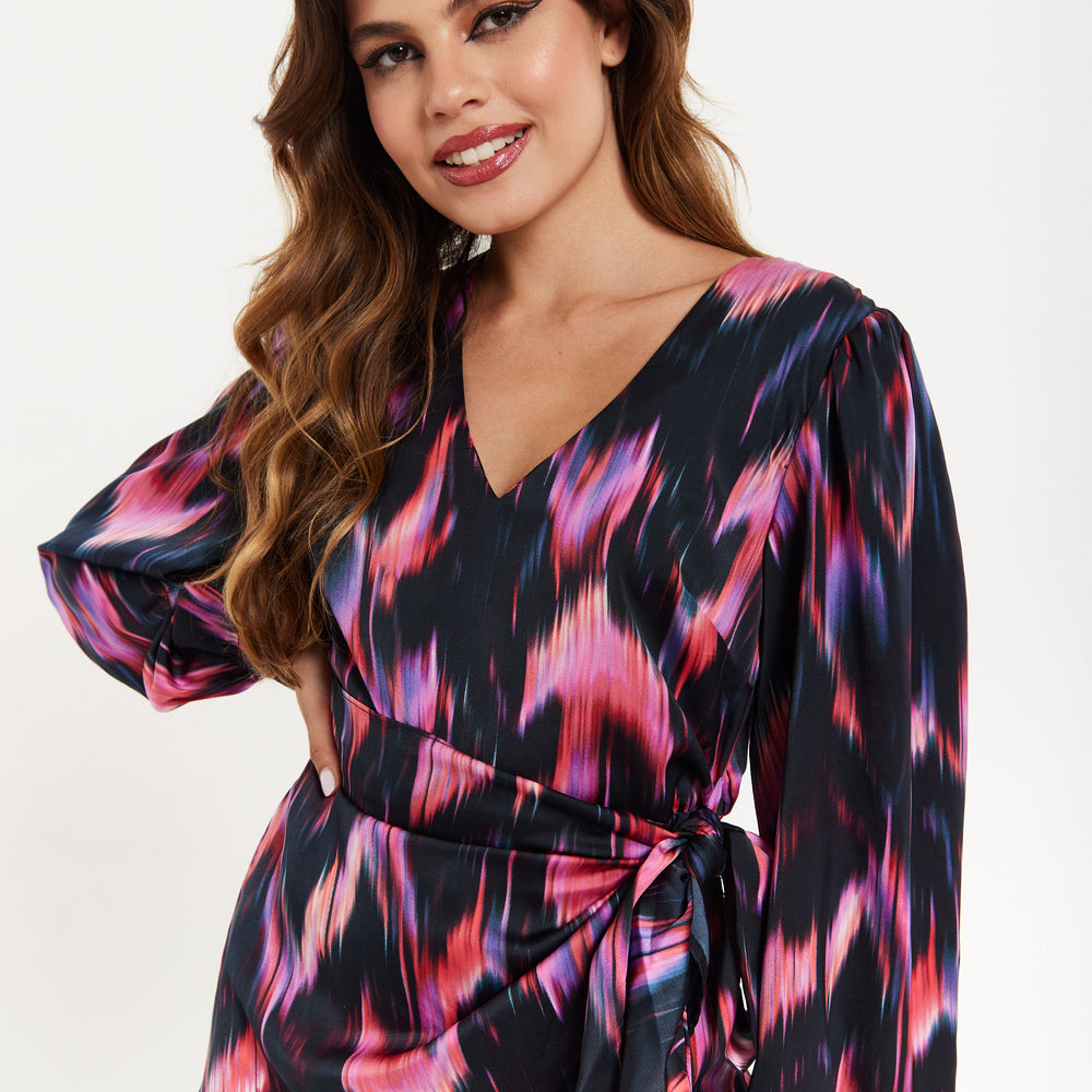 
                  
                    Women's Mini Dress with Long Balloon Sleeves in Black and Pink Abstract Print, Featuring Wrap Design and Side Leg Slit, Liquorish
                  
                