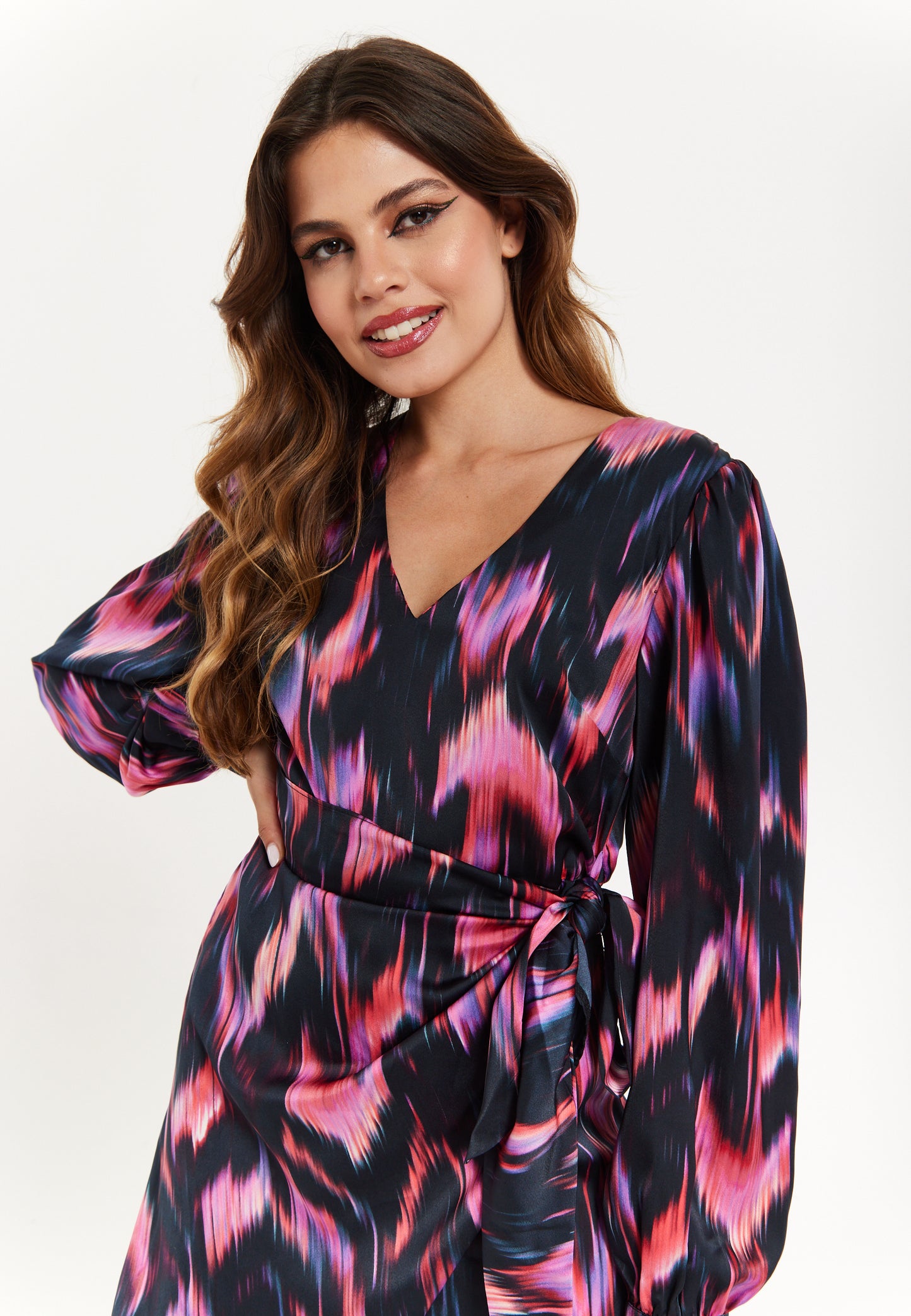 
                  
                    Women's Mini Dress with Long Balloon Sleeves in Black and Pink Abstract Print, Featuring Wrap Design and Side Leg Slit, Liquorish
                  
                