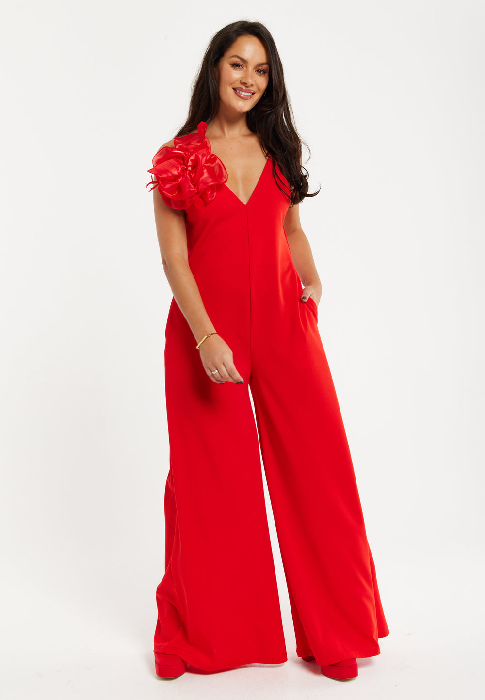 Liquorish Elegant Red Jumpsuit with Floral Shoulder Detail