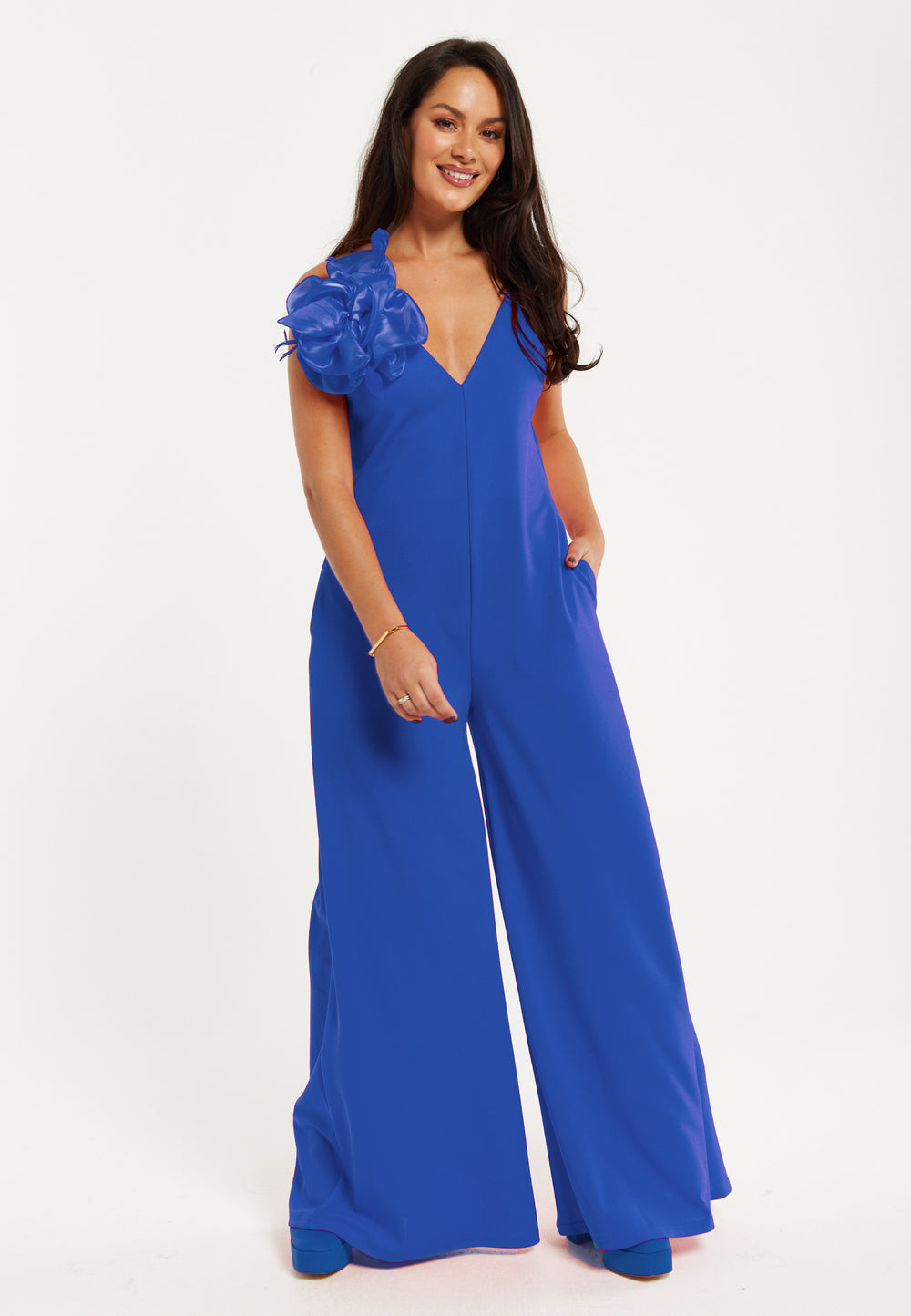 Liquorish Elegant Blue Jumpsuit with Floral Shoulder Detail