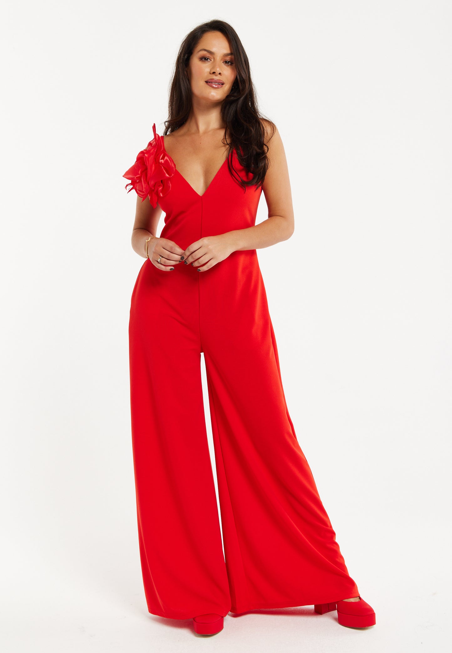 
                  
                    Liquorish Elegant Red Jumpsuit with Floral Shoulder Detail
                  
                