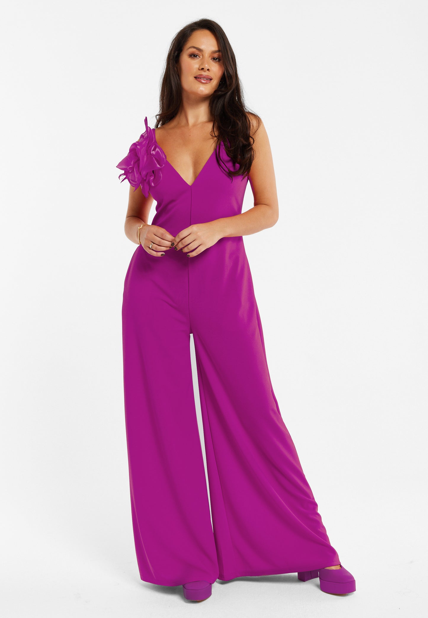 
                  
                    Liquorish Elegant Fuchsia Jumpsuit with Floral Shoulder Detail
                  
                