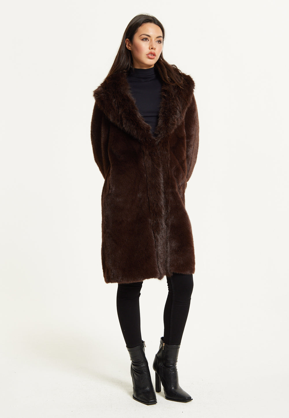 Long Faux Fur Coat in Brown