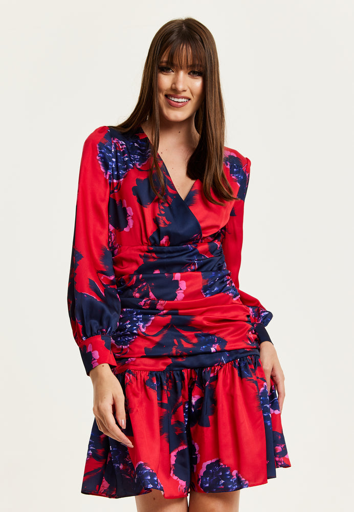 Liquorish Floral Print Red Mini Dress With Long Sleeves