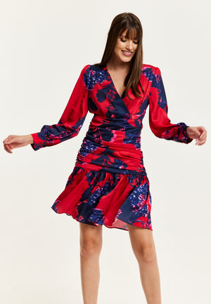 Liquorish Floral Print Red Mini Dress With Long Sleeves