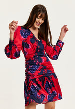 Liquorish Floral Print Red Mini Dress With Long Sleeves