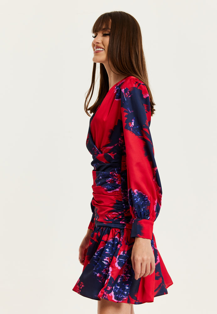 Liquorish Floral Print Red Mini Dress With Long Sleeves