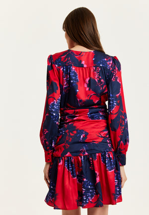 Liquorish Floral Print Red Mini Dress With Long Sleeves