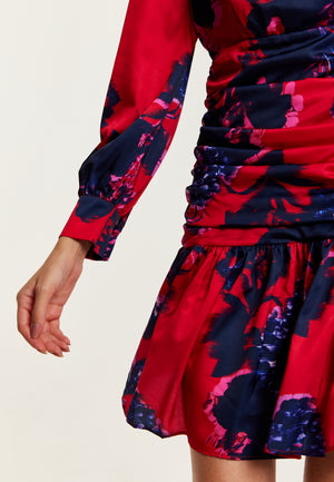 Liquorish Floral Print Red Mini Dress With Long Sleeves