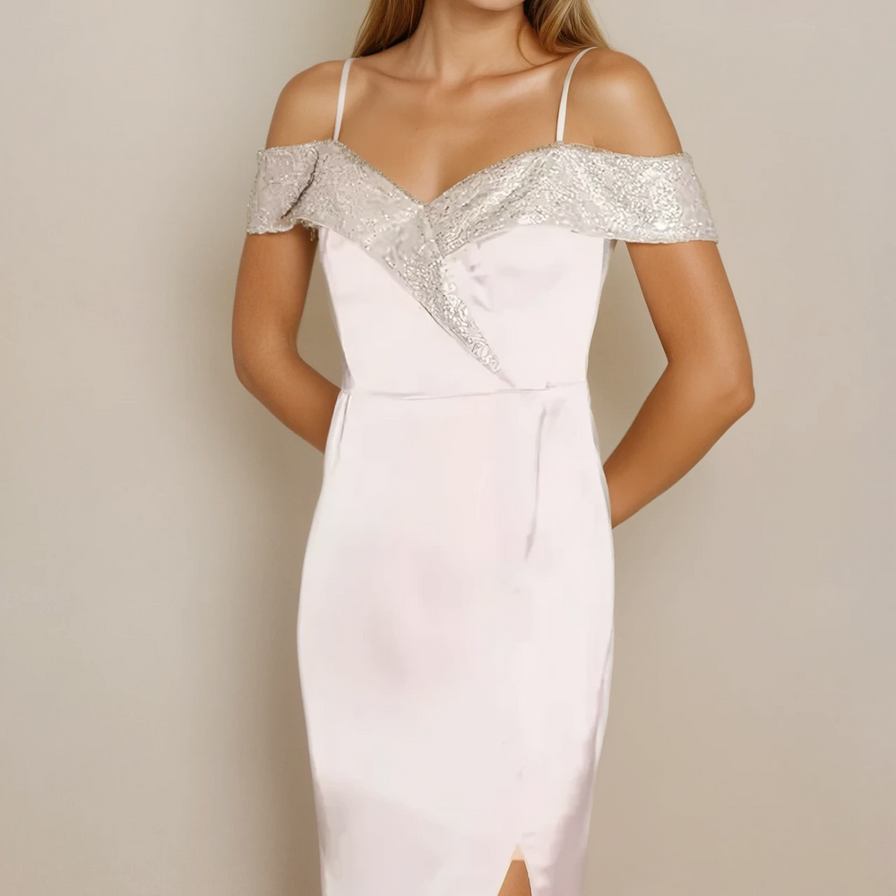 
                  
                    Maxi Dress with Off-Shoulder Design Thigh-High Slit & Sequin Detail
                  
                