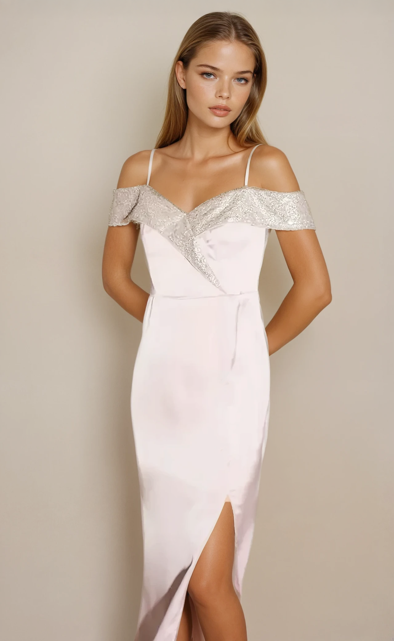 
                  
                    Maxi Dress with Off-Shoulder Design Thigh-High Slit & Sequin Detail
                  
                