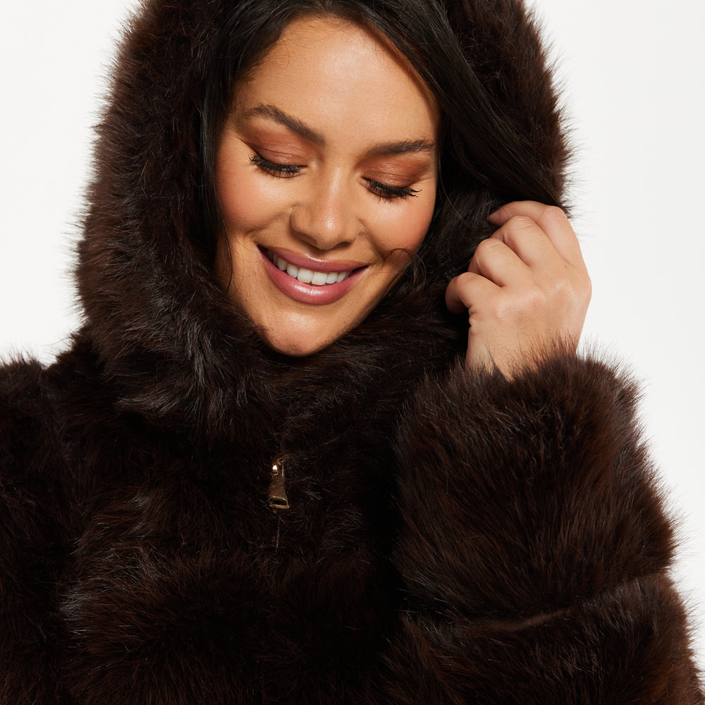 
                  
                    Women's Jacket in Luxe Chocolate Brown with Hood, Long Sleeve, Solid Pattern, Faux Fur by Liquorish
                  
                