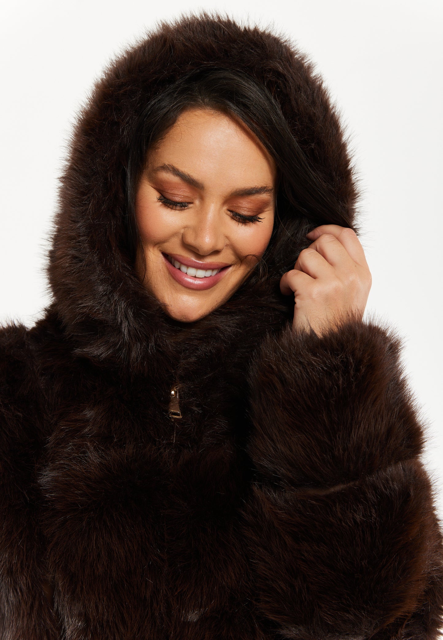 
                  
                    Women's Jacket in Luxe Chocolate Brown with Hood, Long Sleeve, Solid Pattern, Faux Fur by Liquorish
                  
                