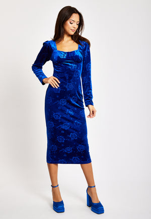 Liquorish Corset Detail Midi Royal Blue Velvet Dress