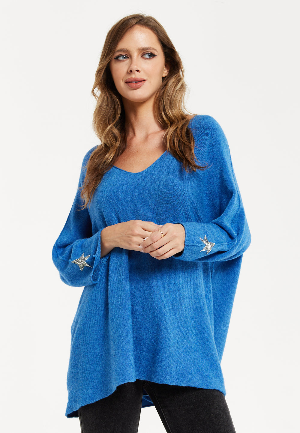 Liquorish Women's Blue Oversized V-Neck Jumper with Long Sleeves and Star Embellishments