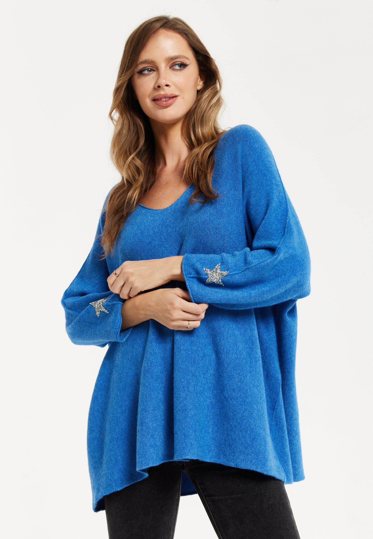 
                  
                    Liquorish Women's Blue Oversized V-Neck Jumper with Long Sleeves and Star Embellishments
                  
                