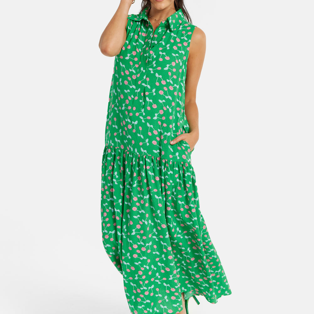 
                  
                    Women's Maxi Dress in Green with Sleeveless Design and Cherry Print by Liquorish
                  
                