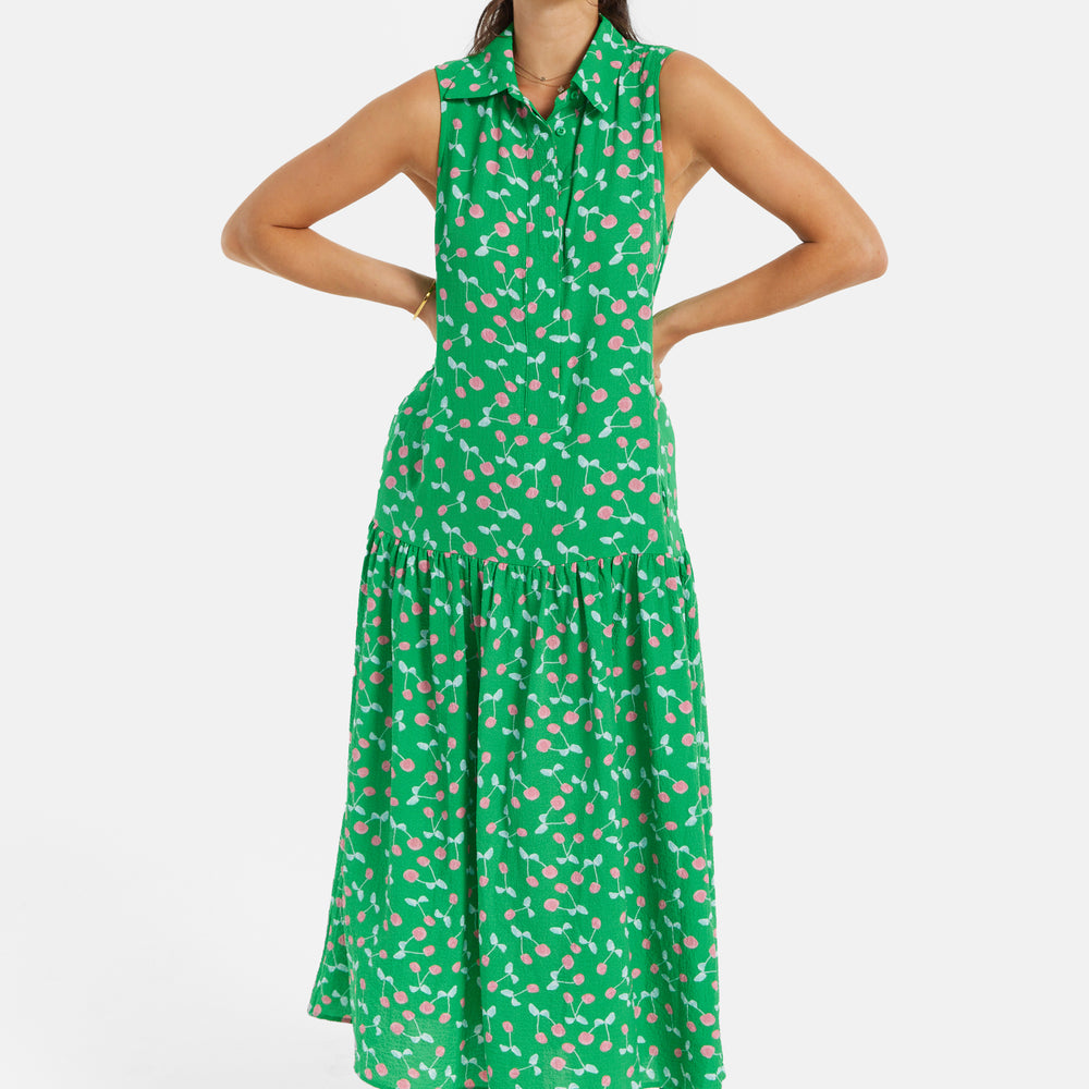 
                  
                    Women's Maxi Dress in Green with Sleeveless Design and Cherry Print by Liquorish
                  
                